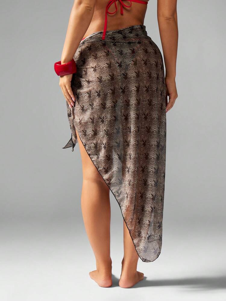 Missguided x Playboy Beach Sarong Wrap Cover Up Metallic Stars Pattern Sheer Swim Skirt Long Pareo Beachwear Resort Vacation Pool Bikini Wrap