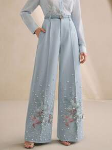 Anewsta Luxury Embroidered, Sequined, Beaded, 3D Floral Design Light Blue Wide Leg Pants For Women - Blue - View 5