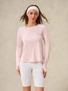 OutZeal 女士户外粉色T恤运动上衣，长袖，防紫外线，凉爽触感，交叉褶裥设计，带拇指孔