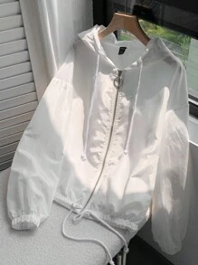 SHEIN EZwear 秋冬女式简约休闲纯色梭织轻薄拉链连帽夹克 - 白色 - 查看 4