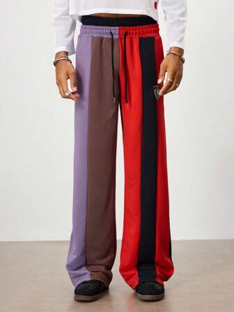 Street Life Pantaloni della tuta da uomo con vita a doppio strato, effetto patchwork, colore a contrasto, morbidi e larghi