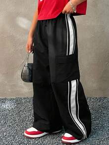 Coolane Kids Tween Girls Spring/Summer Streetwear Black High Waisted Straight Pants Cargo Pants - Black - View 1