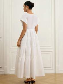 GENKIRA Đầm không tay xẻ tà xếp tầng đính nút eo thanh lịch, kiểu dáng nghỉ dưỡng, màu trơn, thiết kế cao cấp, eo chữ V sâu, viền ô cho nữ - trắng - Xem 2