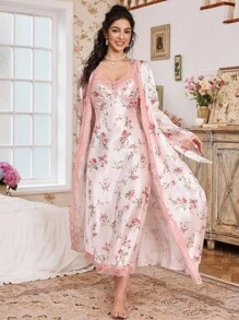 Elorette CottageSlumber Romantic Floral Print Lace Trim Camisole Sleep Dress And Belted Robe Satin Pajama Set Night Gown Women Set Floral Robe Set Lingerie Robe Set 2 Piece Nightgown Set, Fall Winter Clothes Cozy And Elegant Details - Multicolor - View 4