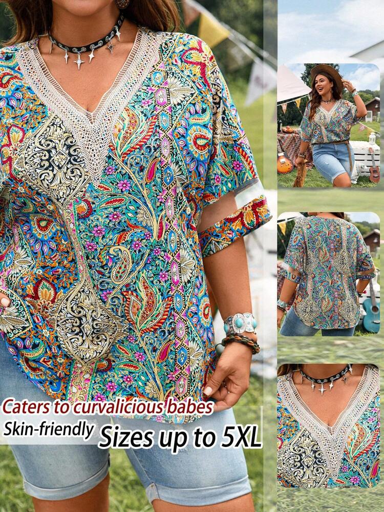 Plus Size Women All-Over Print Mesh Insert Casual Vacation Boho Paisley Top, Hippie Boho Fall,Autumn Concert Going Out Top,Western Wear, Boho,Country