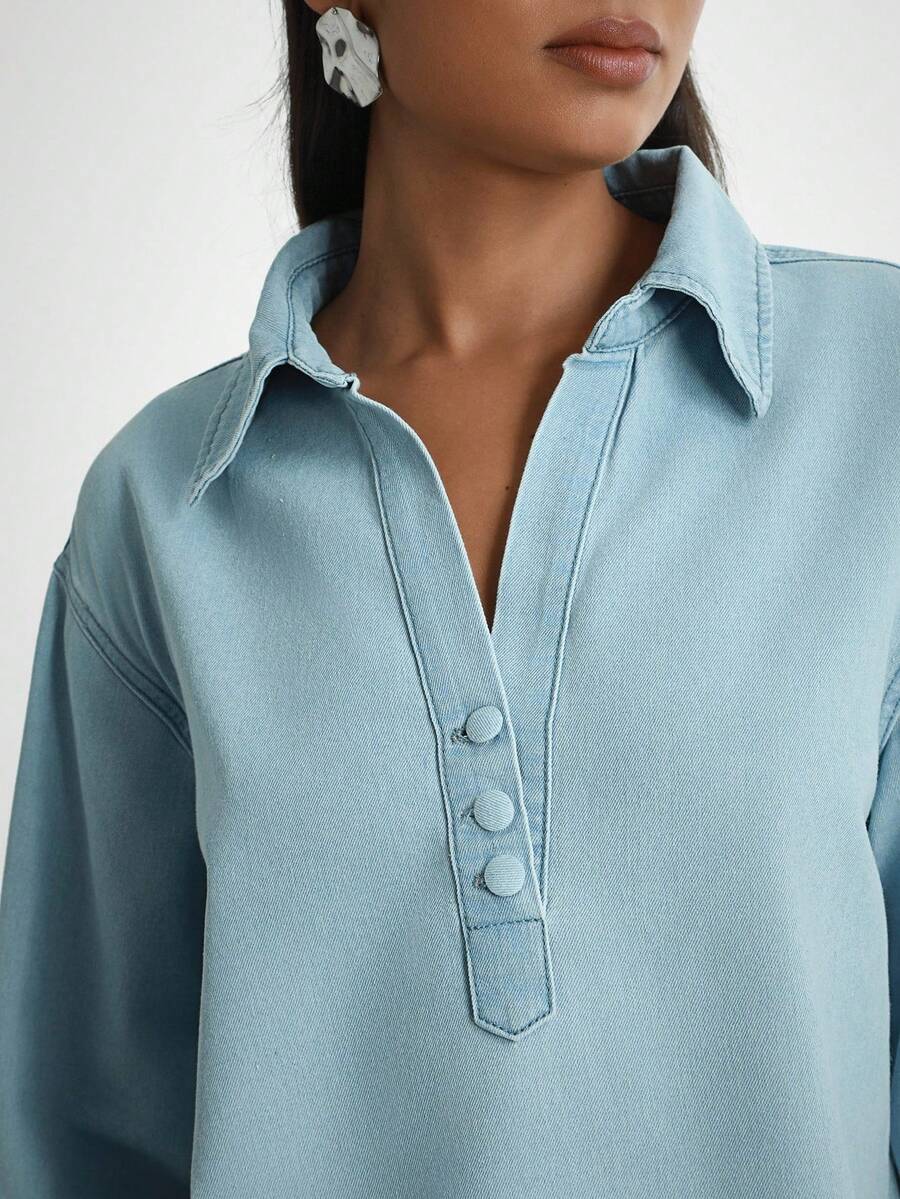 Daynim 女士休闲度假短袖衬衫 - 淺色水洗藍 - 查看 1