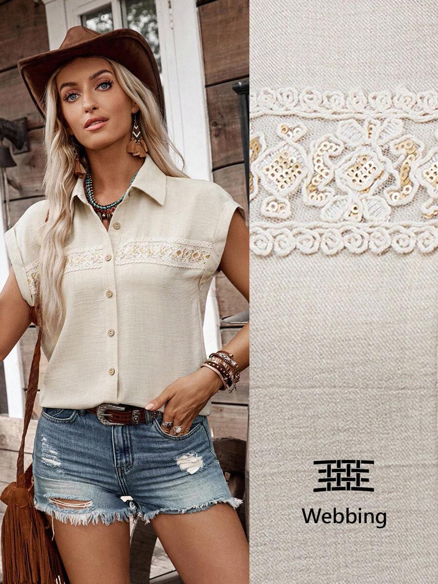 LanaWest Women's Collared Sleeveless Button-Up High-Design Front Panel Lace Patchwork Western Style Back To School, Teacher's Day, Halloween, Street Style Blouse Shirt - Apricot - View 1