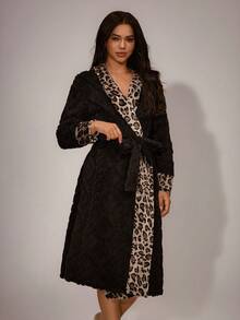 Lazeform Women's Long Plush Jacquard Patchwork Leopard Print Lapel Robe, Winter Leopard Print Robe Women Robe Robes For Women Fluffy Cheetah Robe Black Robe With Leopard Print - Black - View 5