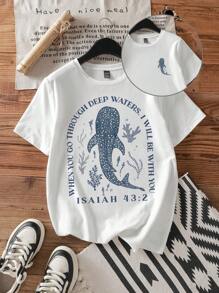 Attitoon Casual Crew Neck Short Sleeve Fitted Women T-Shirt, Suitable For Summer, Beach, Shark Print,Back To School,Vintage,90s,Suitable For Y2k