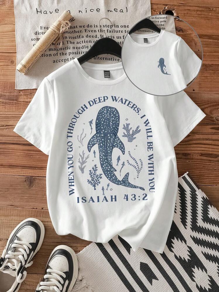 SHEIN Attitoon Lässiges Damen T-Shirt mit Rundhalsausschnitt und kurzen Ärmeln, figurbetont, geeignet für Sommer, Strand, Hai-Muster - Weiss - Übersicht 4