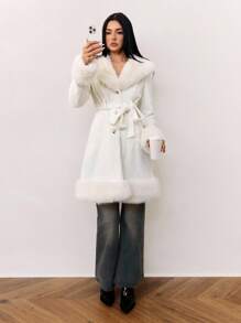 SHEIN Tall 秋冬女士时尚人造毛皮拼布夹克 - 米色 - 查看 6