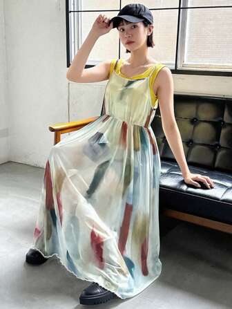 FRIFUL Ladies Tie-Dyed Printed Mesh High Waist Cami Dress, For Summer Sundress