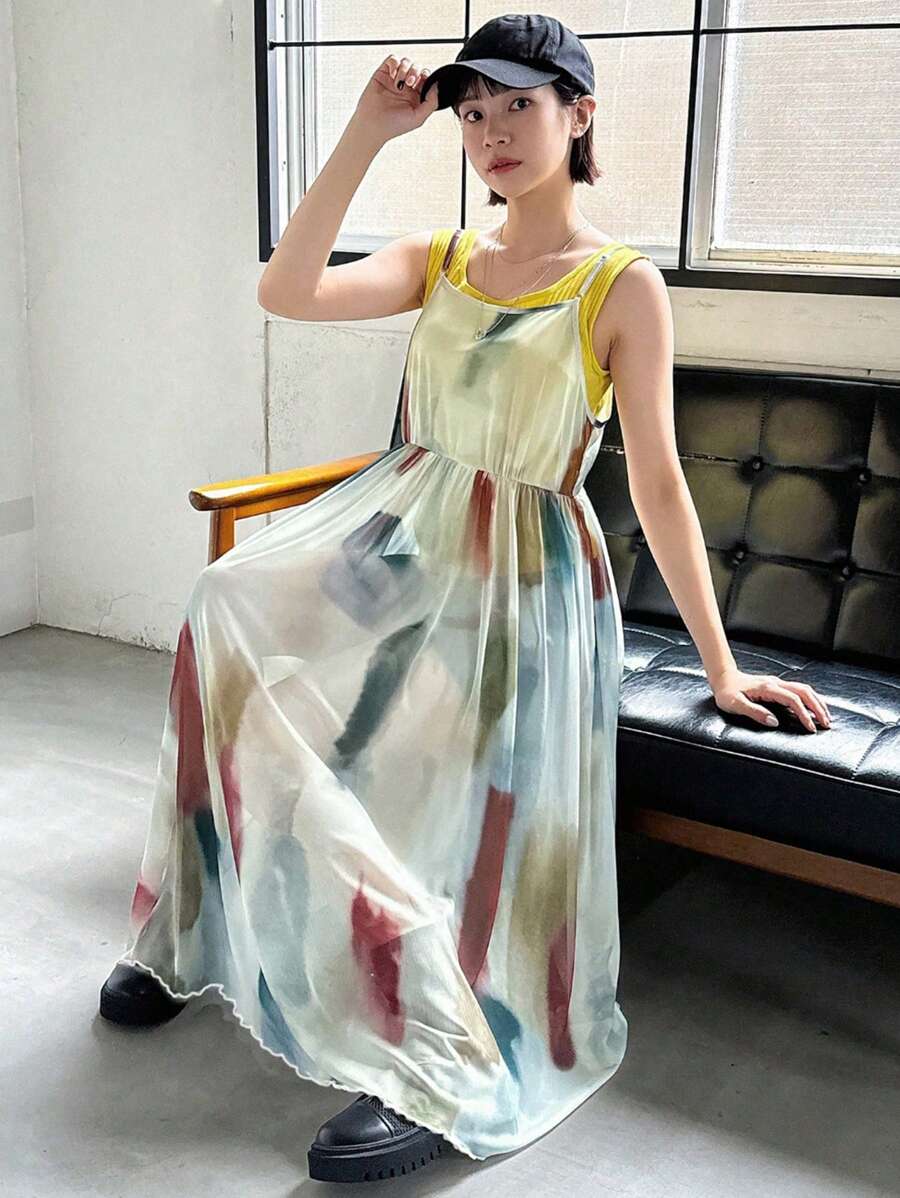 FRIFUL 女士扎染印花网眼高腰吊带连衣裙，适合夏季太阳裙 - 彩色 - 查看 1