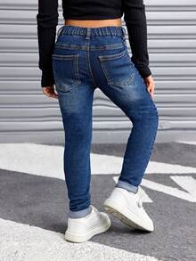 SHEIN Young Girl Vintage Blue Ripped Denim Jeans, Cool Girls Thanksgiving Fall And Winter Clothes - Dark Wash - View 4