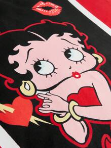 Betty Boop x SHEIN Slaydiva 大码女装 2025 春夏新款基本款休闲可爱黑红撞色 V 领宽松落肩超大短裙，卡通人物印花