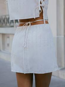 SHEIN Unity 复古夏季条纹套装，搭配系带上衣和裹身迷你裙 - 杏色 - 查看 5