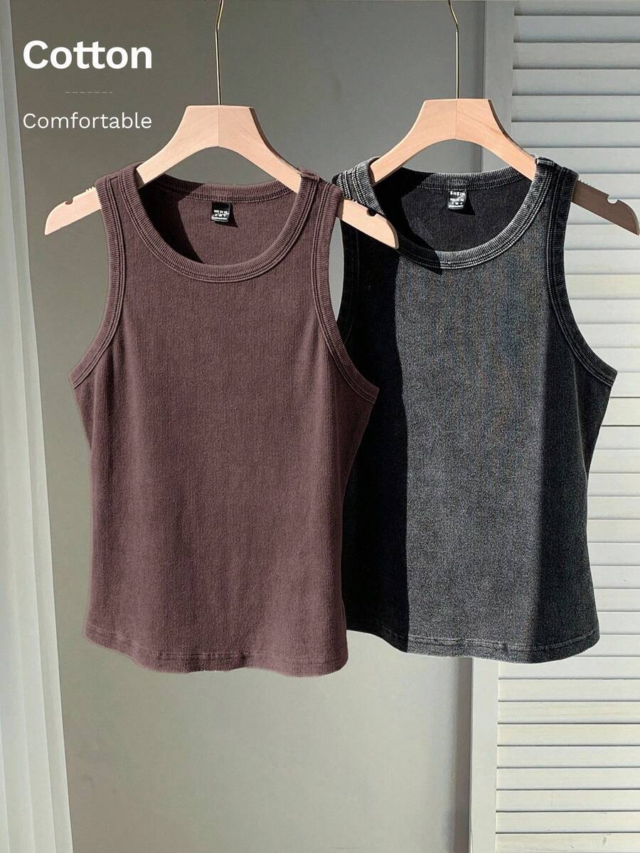 Comfortcana Bộ 2 áo hai dây dệt kim nhuộm loang - màu nâu - Xem 1