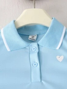 SHEIN Genkimix Kids 2 件套女童学院风心形印花翻领无袖上衣和系腰带百褶裙，适合夏季返校季 - 藍色 - 查看 3