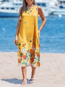 Sylviya 夏季背心裙长裙黄色花朵印花波西米亚假日连衣裙 - 黃色 - 查看 1