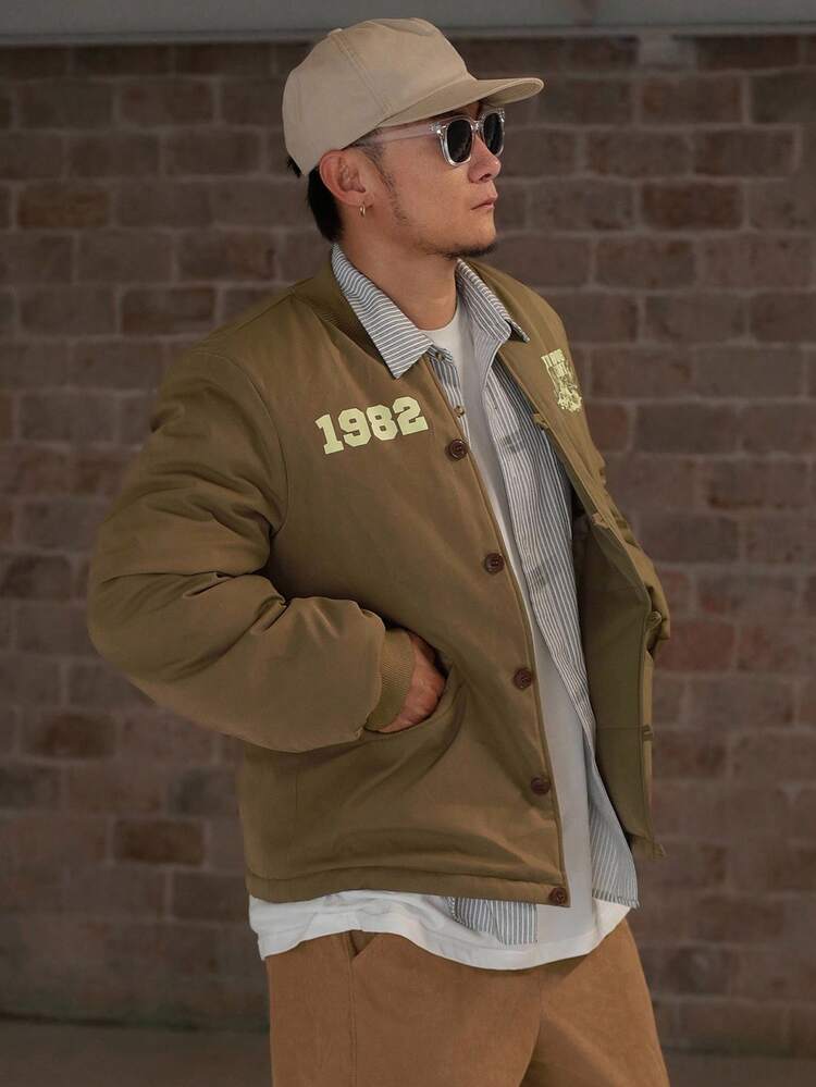 Men's Thick Padded Coat With Letter Print, Military Green, Winter Jacket