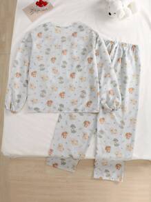 Teen Girl Casual Cartoon Dog Print Long Sleeve Top And Pants 2 Pieces Pajama Set, Blue Kids Dog Print Pajamas Dog Pajamas Kids - Blue - View 2