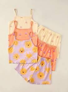 6pcs/Set Girls' Cute Casual Comfortable Multi-Color Ice Cream & Sun Print Camisole Underwear Set