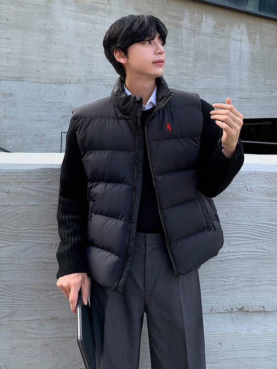 DAZY 男士冬季刺绣图案黑色保暖背心夹克 - 黑色 - 查看 1