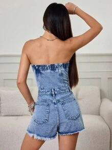 SHEIN PETITE Women's Simple Daily Blue Denim Jumpsuit - Light Wash - View 2