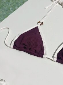 Swim Vcay 女士度假海滩撞色饰边泳衣套装 - 酒紅色 - 查看 3