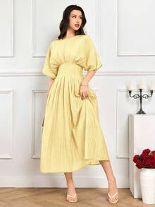 Modelyn Women's Elegant Ruched Waist Dress - Mustard Yellow - View 6
