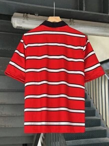 SHEIN 青少年男孩休闲条纹领短袖 Polo 衫，舒适百搭，适合通勤、上学、日常、度假、运动，适合春夏季 - 彩色 - 查看 2