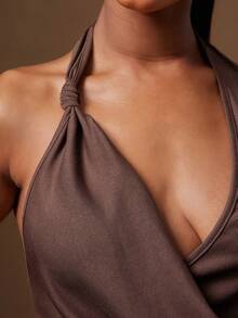 Denimoi Knot Detail Solid Color Sexy Fashion Cowl Neck Halter Top - Coffee Brown - View 1