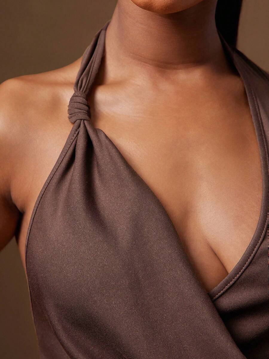 Denimoi Knot Detail Solid Color Sexy Fashion Cowl Neck Halter Top - Coffee Brown - View 1