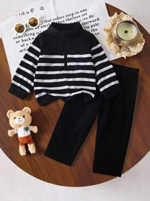 SHEIN Babyboy 春秋复活节庆祝装，休闲风格，厚实仿棉面料：包含加厚半拉链长袖上衣，采用柔软舒适的仿棉材质，以及宽松长裤。非常适合户外活动、室内舒适时光、轻松运动和玩耍，以及复活节派对绅士装扮。让宝宝时刻保持活力、时尚。 - 黑色 - 查看 3