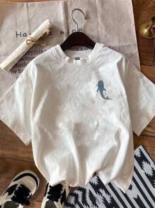 Attitoon Casual Crew Neck Short Sleeve Fitted Women T-Shirt, Suitable For Summer, Beach, Shark Print,Back To School,Vintage,90s,Suitable For Y2k