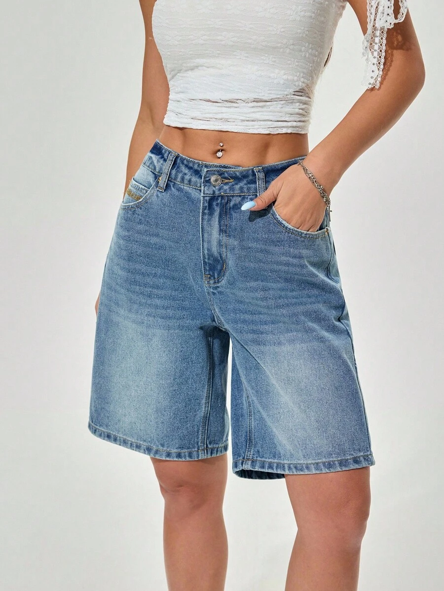 SHEIN ICON 女士休闲宽松阔腿牛仔短裤，夏季 - 中等水洗藍 - 查看 1