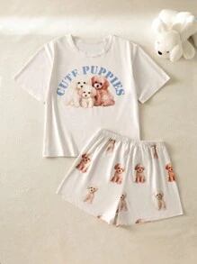2 件套休闲可爱小狗印花短袖上衣和短裤家居服套装，适合 10 岁女孩，夏季返校时尚 - 杏色 - 查看 8