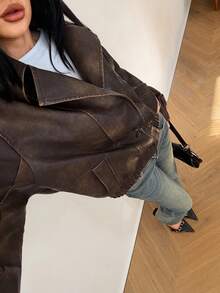 SHEIN Tall Áo khoác da giả màu nâu họa tiết loang lổ thời trang cổ điển dành cho nữ, dành cho mùa thu, trang phục Giáng sinh, quần áo nữ, áo khoác da màu nâu, mùa đông, áo khoác da, áo khoác bomber da nâu, áo khoác da nữ màu nâu, áo khoác da ngắn màu nâu, áo khoác da nữ - Cà phê nâu - Xem 1