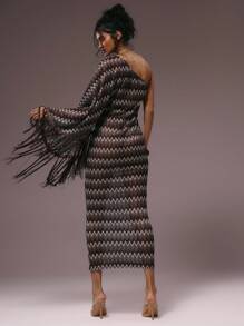 MUSERA 不对称单肩条纹针织镂空流苏修身长裙，质感轻盈，适合冬季、夏季、度假、夜晚外出、约会、婚礼、生日派对、俱乐部、性感早午餐、外出游轮派对、优雅的伊比沙岛场合，少女可爱长裙 - 彩色 - 查看 4