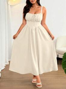 Flirla Plus Size Women's Elegant Solid Color Front Tie Bow Spaghetti Strap Maxi Beach Dress, Suitable For Beach, Resort, Party, Date, Music Festival, Spring/Summer, Versatile Design - Apricot - View 7