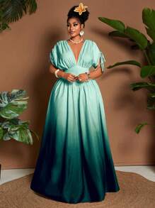 Maweii 大码女式优雅渐变色印花蝴蝶结 V 领 A 字长裙，蝙蝠袖，收腰设计，百搭设计，适合度假、海滩、音乐节、春夏季 - 彩色 - 查看 7