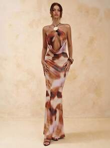 SHEIN BAE 扎染不对称褶皱修身细肩带露背连衣裙，优雅，海滩度假连衣裙，露背长裙，春夏