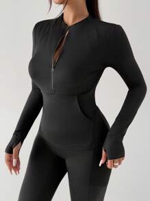 DAZY Damen Sportjacke mit hohem Kragen, halber Reißverschluss, Taschen und enganliegender Passform