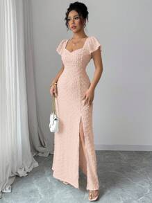 Rafferiza Solid Color Backless Bowknot With Lotus Sleeve High Slit Slim Elegant Spring/Summer Vacation Date Long Dress Summer Dress