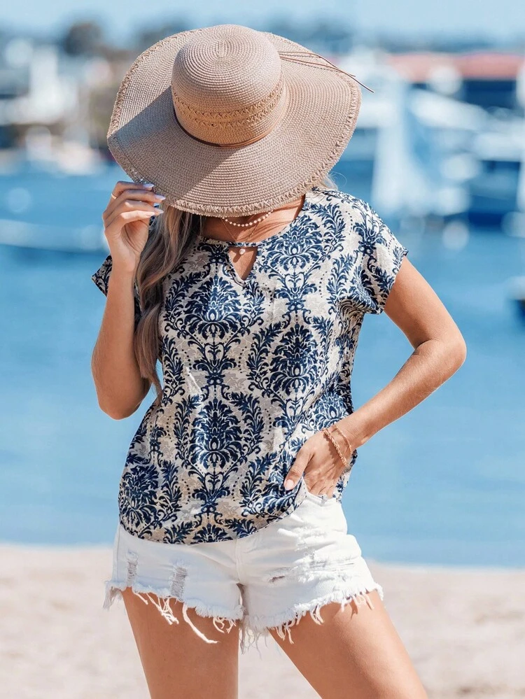 Summer Outfits Allover Print Cut Out Batwing Sleeve Blouse,Short Sleeve Tops,Vacation