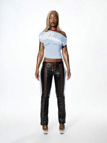 SUMWON WOMEN 露肩短款上衣女士图案印花时尚 T 恤俱乐部派对节日个性休闲短袖夏季衬衫 - 淺藍色 - 查看 3