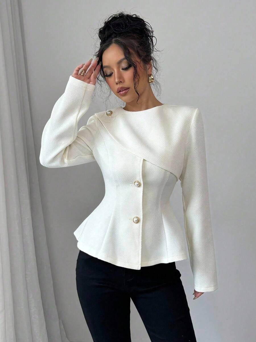 Selianne 粗花呢披肩领收腰优雅通勤夹克，淑女奢华外套 - 杏色 - 查看 1