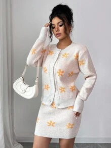 Elenzga 2pcs Women's Elegant Knit Sweater Set, Fashionable Loose Fit Cardigan And Skirt Fall Winter Cloth For Women - Multicolor - View 5