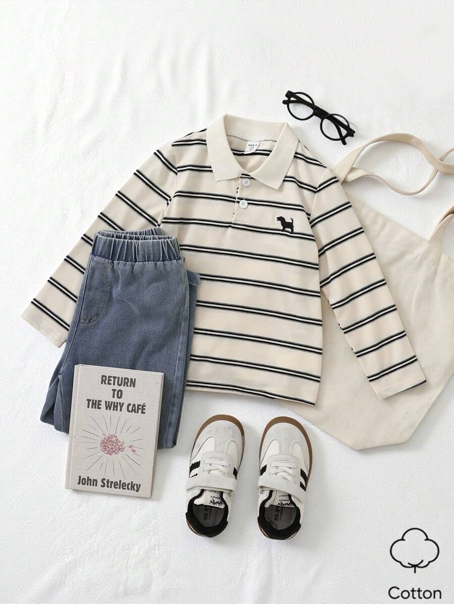 Playful Pals 2pcs/Set Toddler Boys Casual Fashion Embroidery Stripe Print Collar Sweatshirt And Denim Pants Outfit, Suitable For Autumn/Winter, Sporty, Comfortable, College Style For Photo Shoot And Party Fall