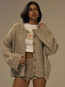 MUSERA Oversized Drop Shoulder Button Down Knit Cardigan Cute Streetwear Festival Farmhouse , Country, Vintage, Work Office Chic Spring Sweater - Khaki - View 1